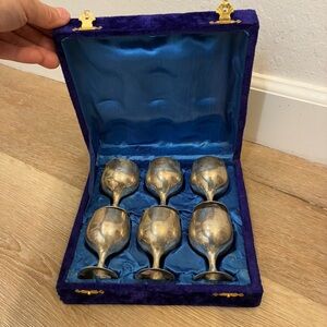 Vintage Brass Goblet Set of 6 w/ Velvet Case Made in India Wine Cups